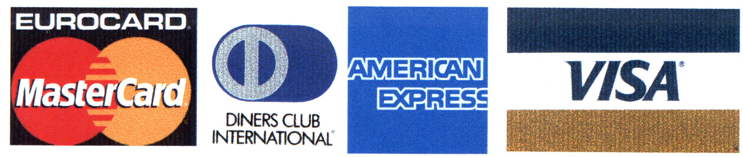 Mastercard, Diners Club, American Express, Visa, Eurocard